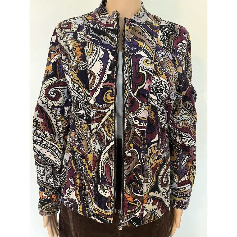 Vintage 90s Chicos Paisley Corduroy Jacket Size M Zip Front Boho Tapestry Womens